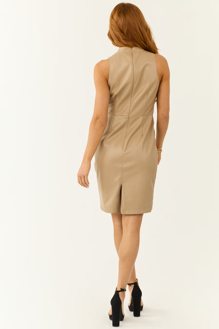 Beige Faux Leather High Neck Short Dress