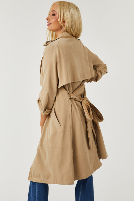 Beige Faux Suede Button Down Tie Waist Trench Coat