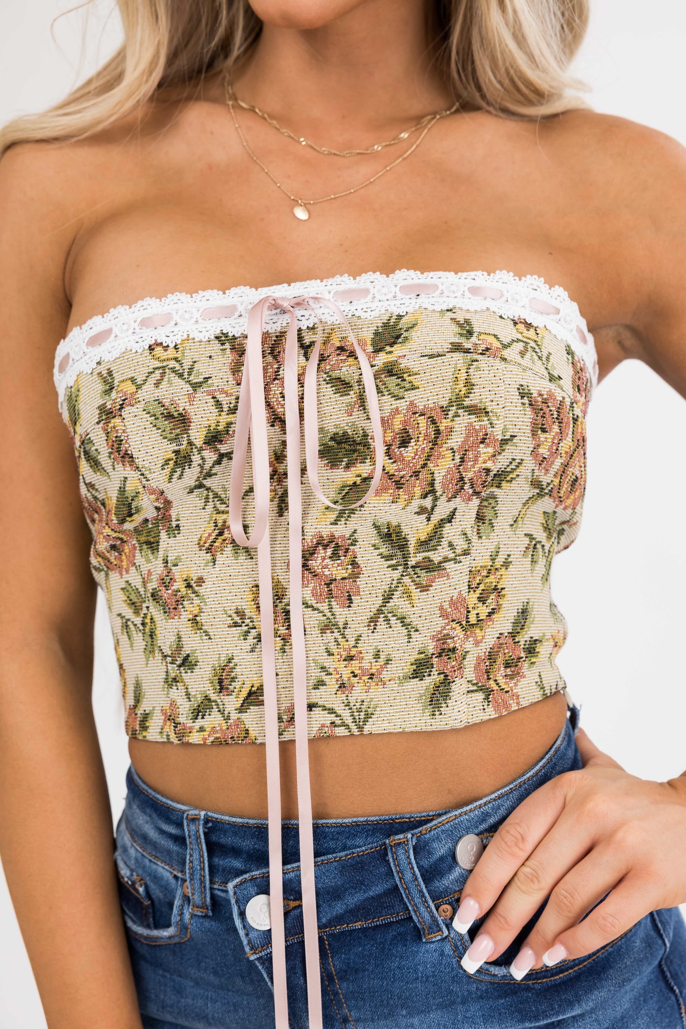 Beige Floral Jacquard Back Lace Up Crop Top