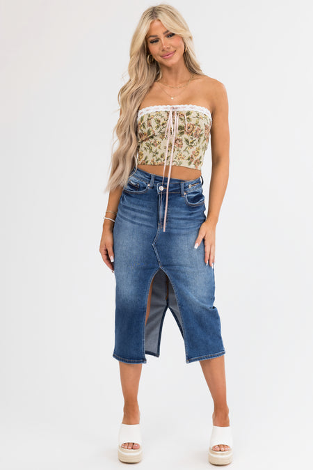 Beige Floral Jacquard Back Lace Up Crop Top