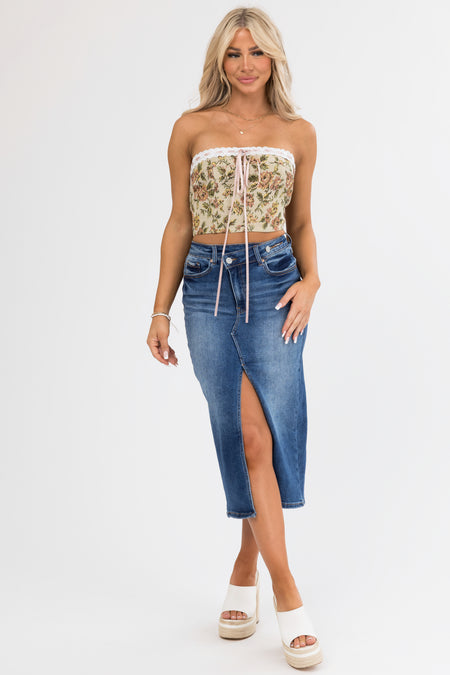 Beige Floral Jacquard Back Lace Up Crop Top