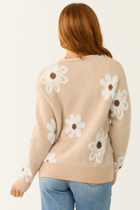 Beige Floral Pattern Fuzzy Soft Knit Cardigan