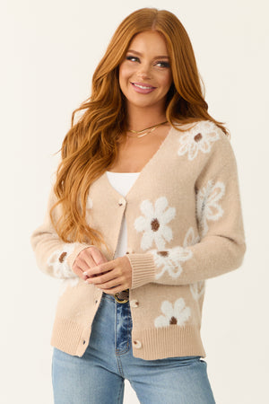 Beige Floral Pattern Fuzzy Soft Knit Cardigan