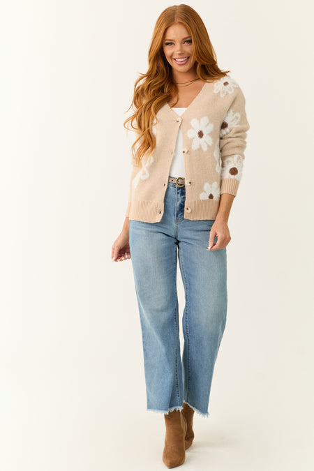 Beige Floral Pattern Fuzzy Soft Knit Cardigan