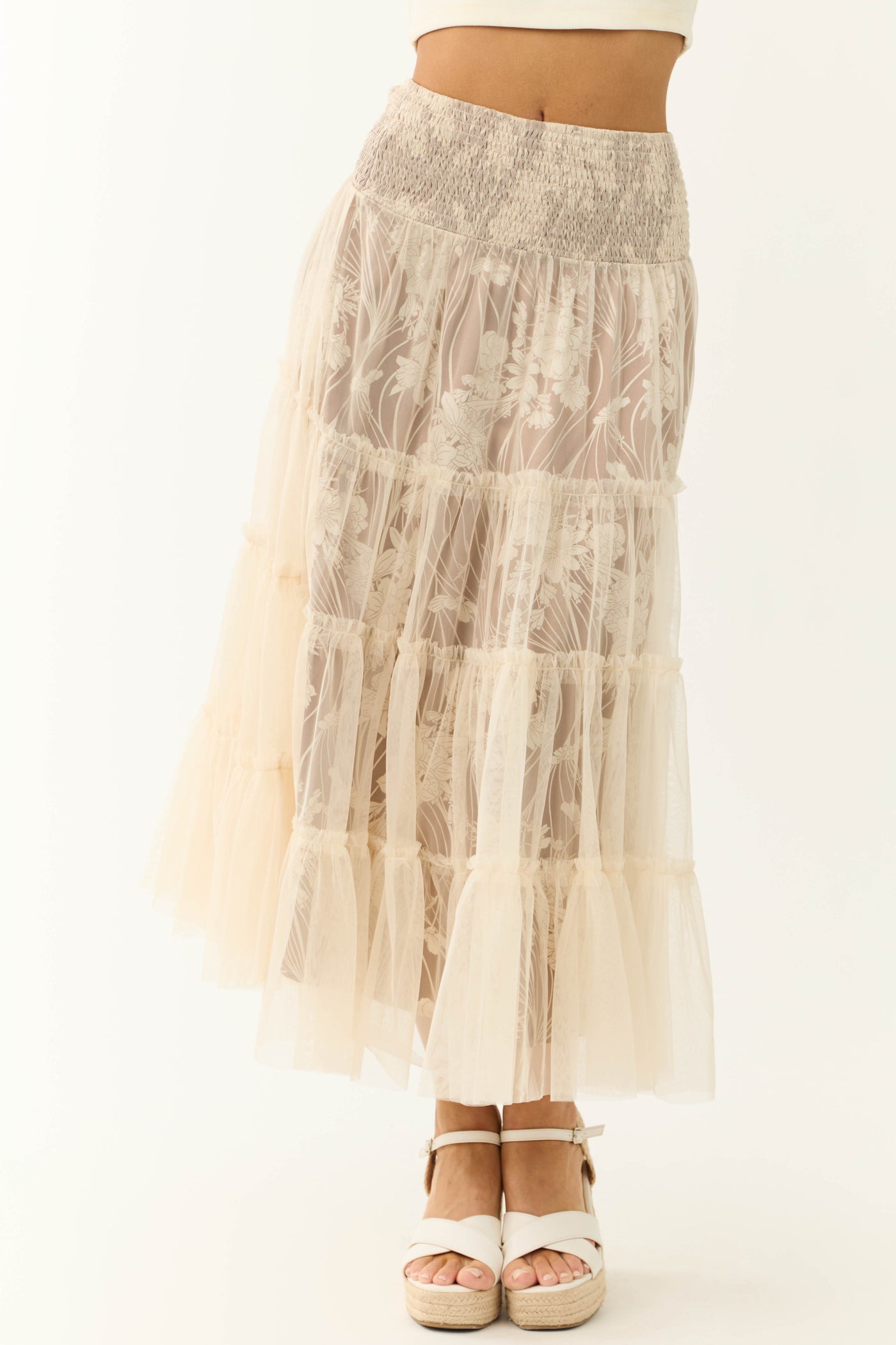 Beige Floral Print Tiered Mesh Maxi Skirt