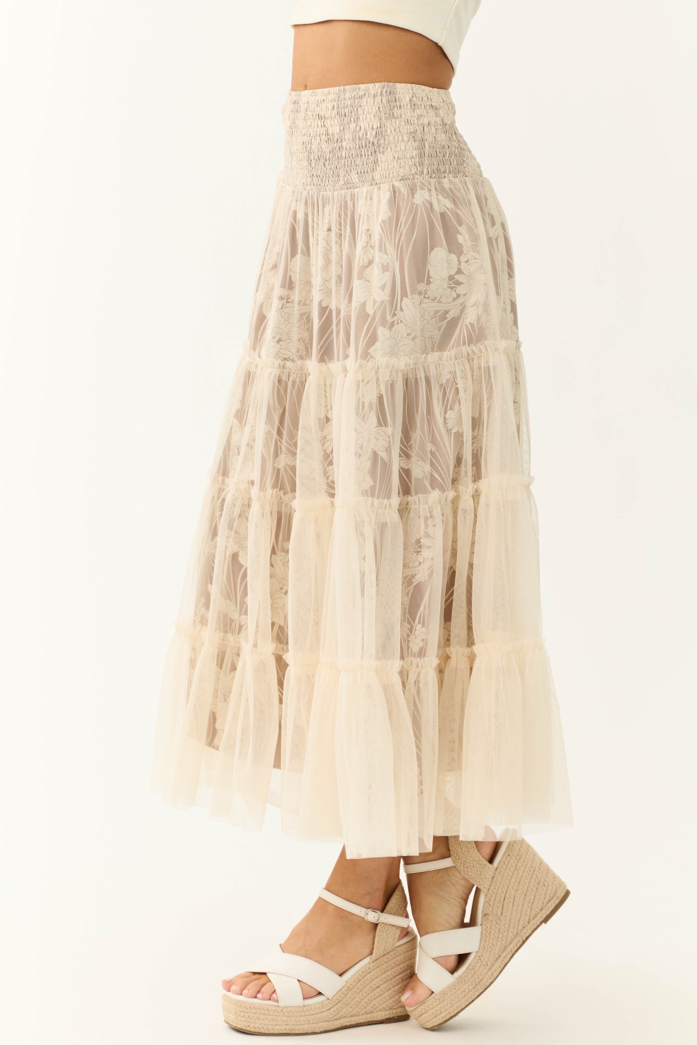 Beige Floral Print Tiered Mesh Maxi Skirt