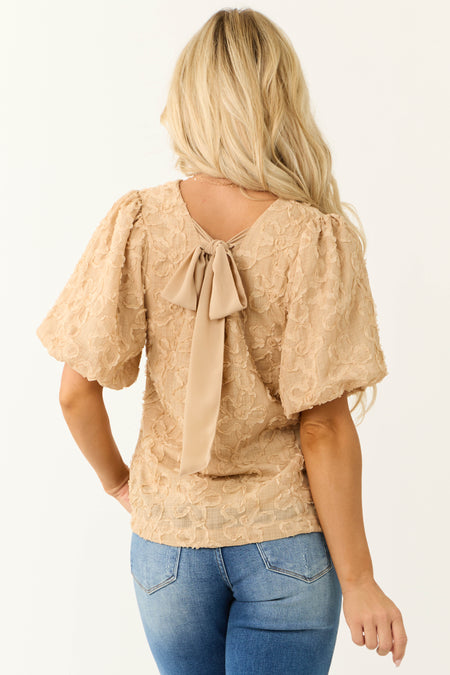 Beige Flower Textured Puff Sleeve Blouse