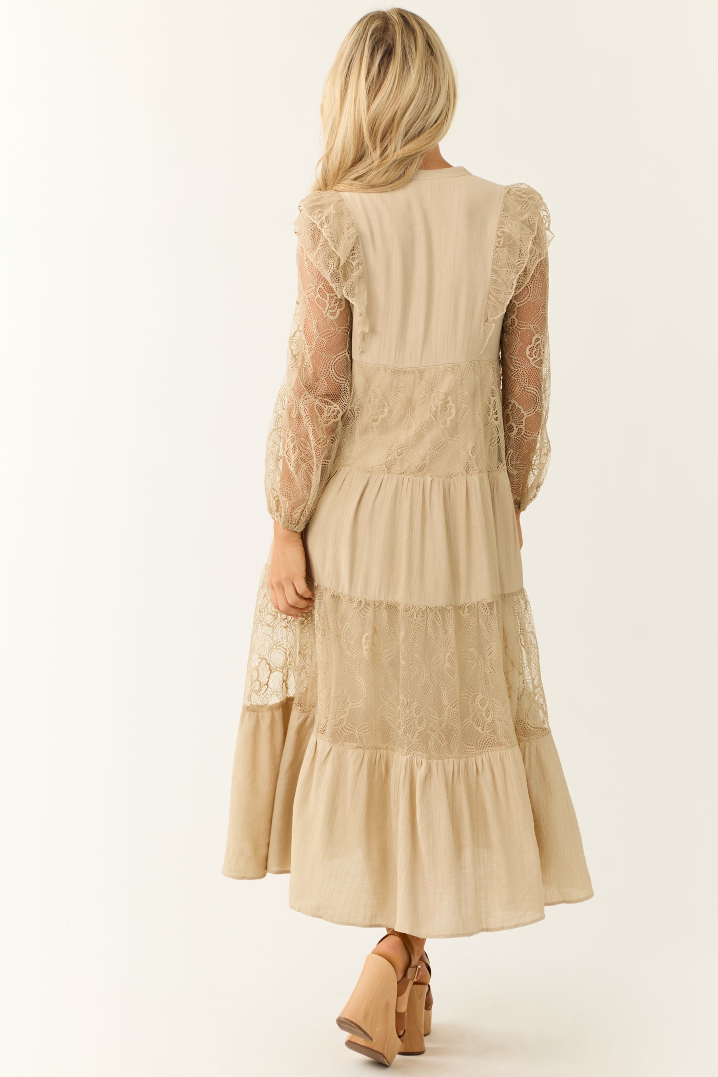 Beige Front Tie Tiered Lace Maxi Dress