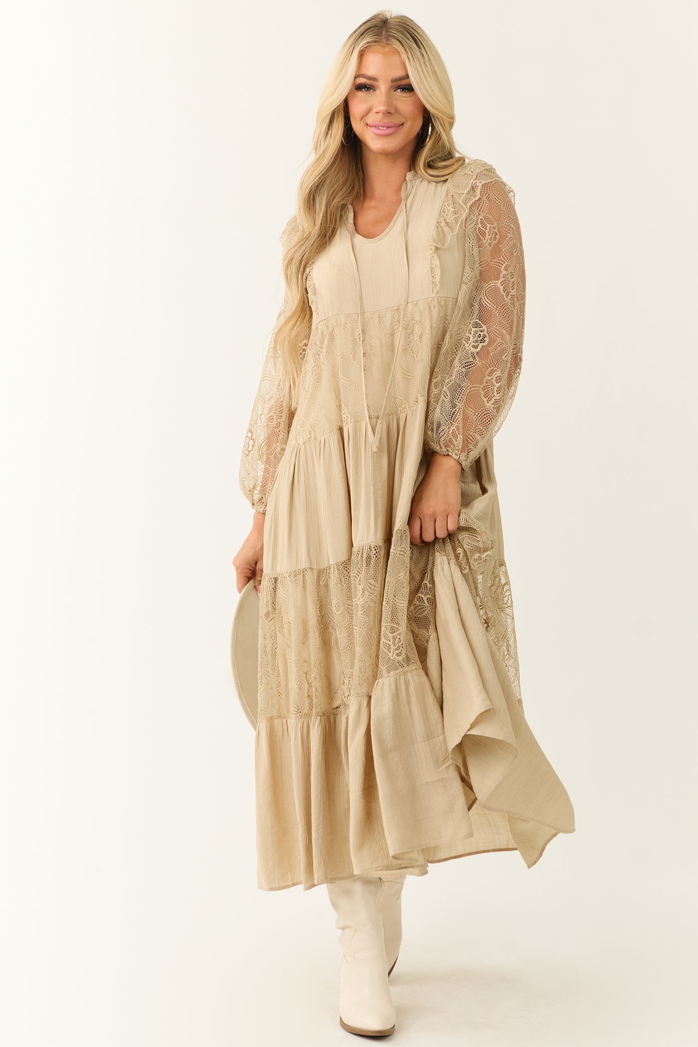 Beige Front Tie Tiered Lace Maxi Dress