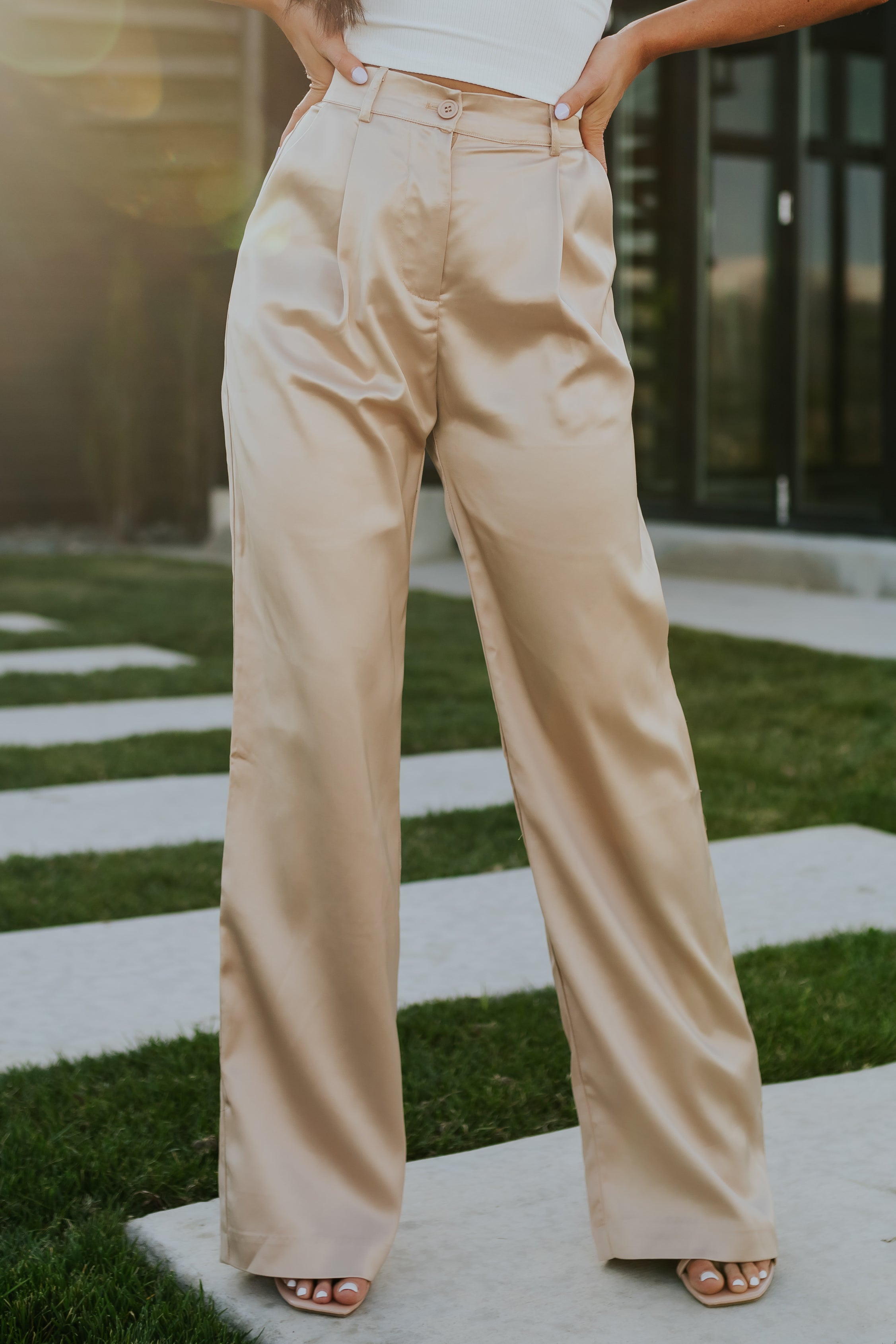 Beige High Waisted Wide Leg Satin Pants