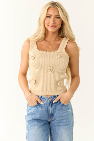 Beige Knit 3D Floral Tank Top