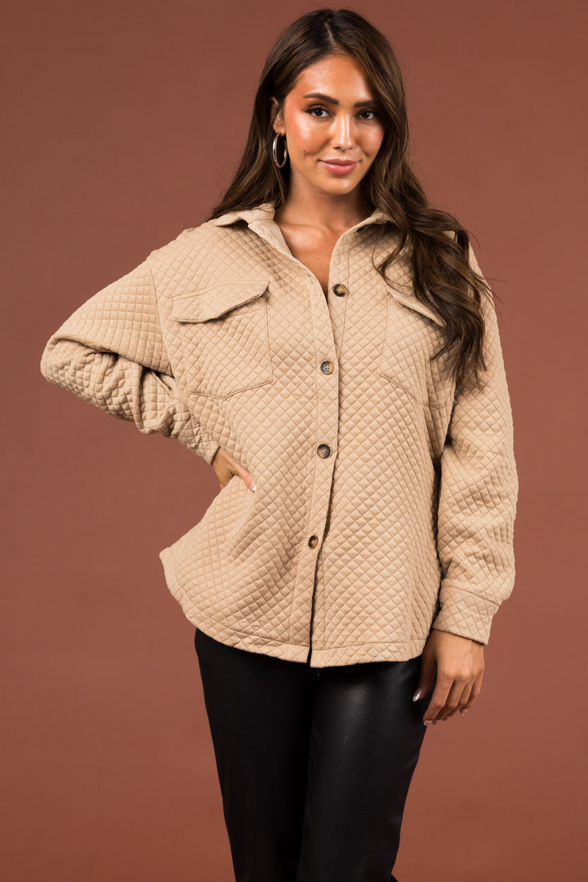 Beige Lattice Quilted Chest Pocket Shacket