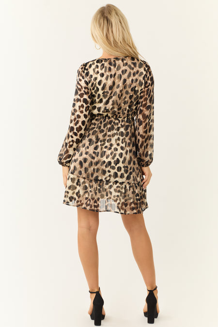 Beige Leopard Print Long Sleeve Short Dress