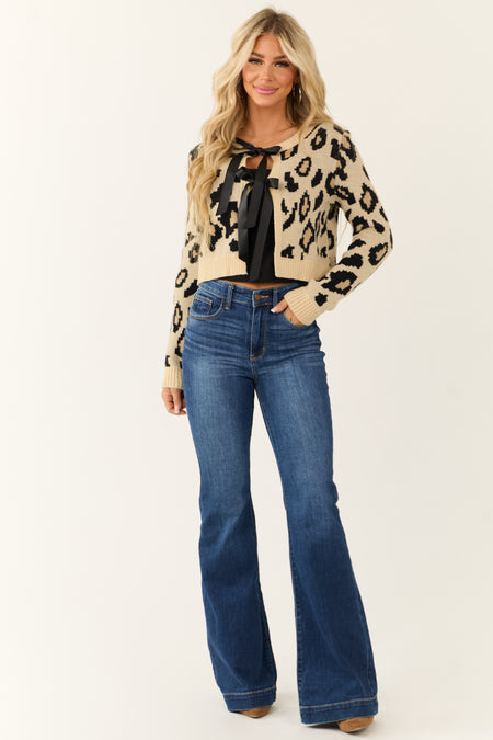 Beige Leopard Print Ribbon Tie Front Cardigan