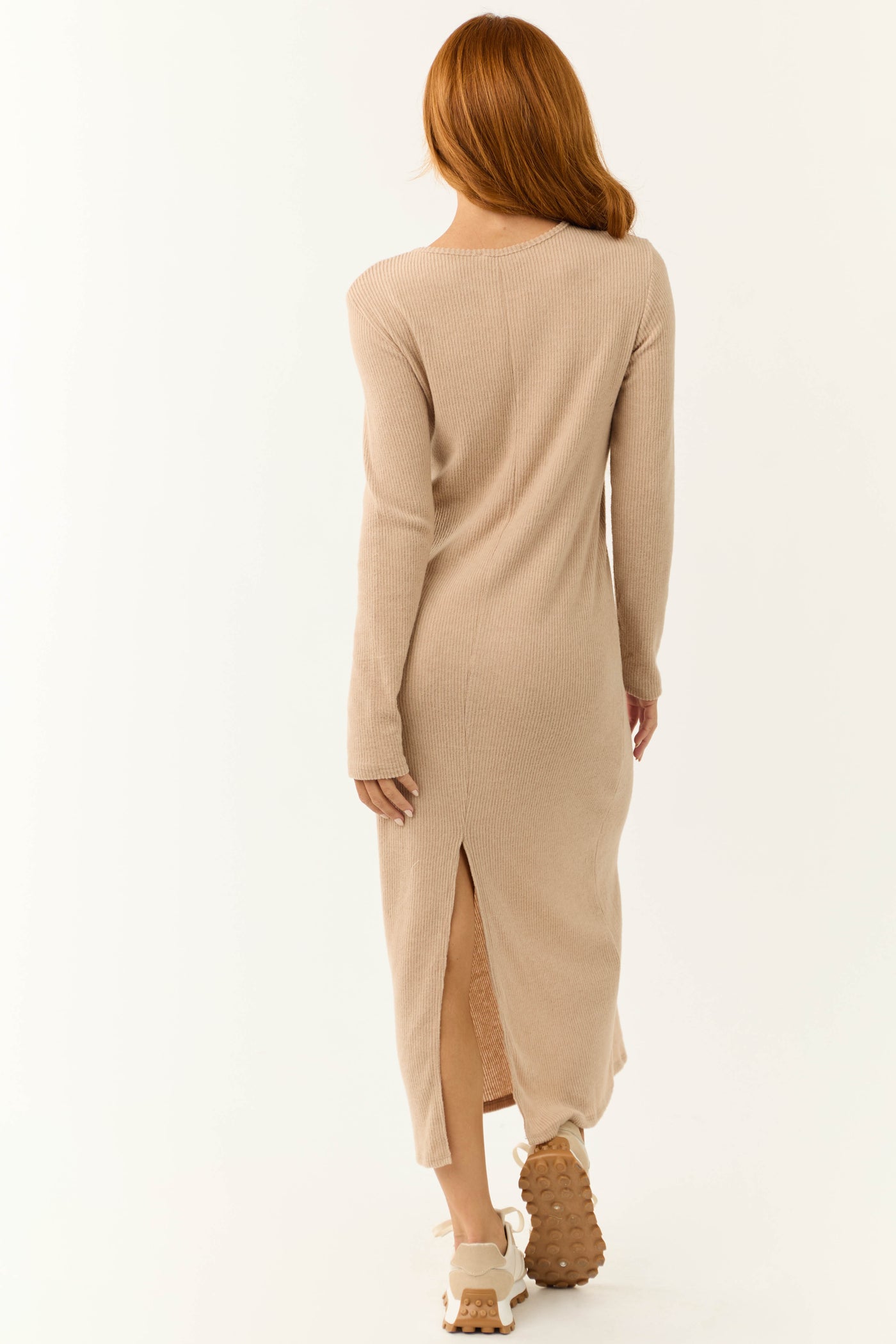 Beige Lightweight Knit Long Sleeve Maxi Dress