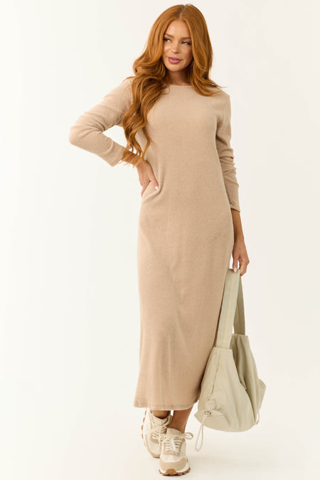 Beige Lightweight Knit Long Sleeve Maxi Dress