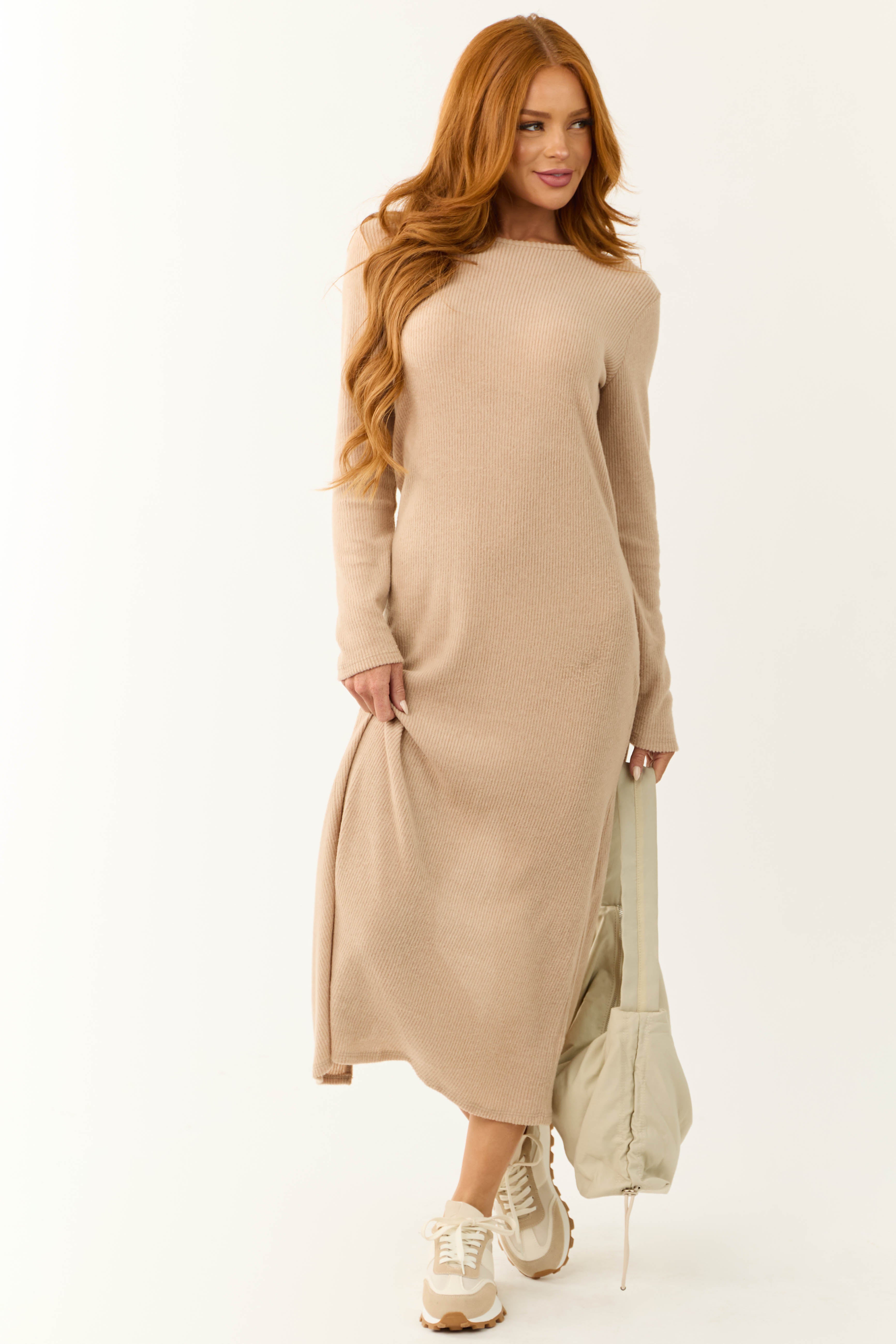 Beige Lightweight Knit Long Sleeve Maxi Dress