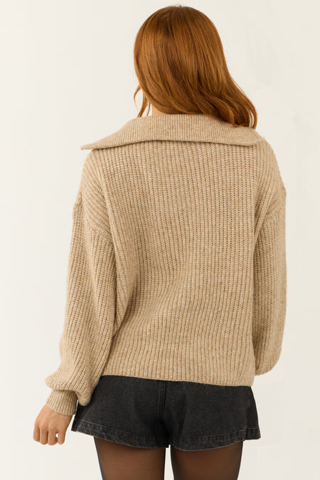 Beige Long Bubble Sleeve Ribbed Knit Sweater