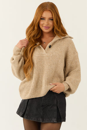 Beige Long Bubble Sleeve Ribbed Knit Sweater