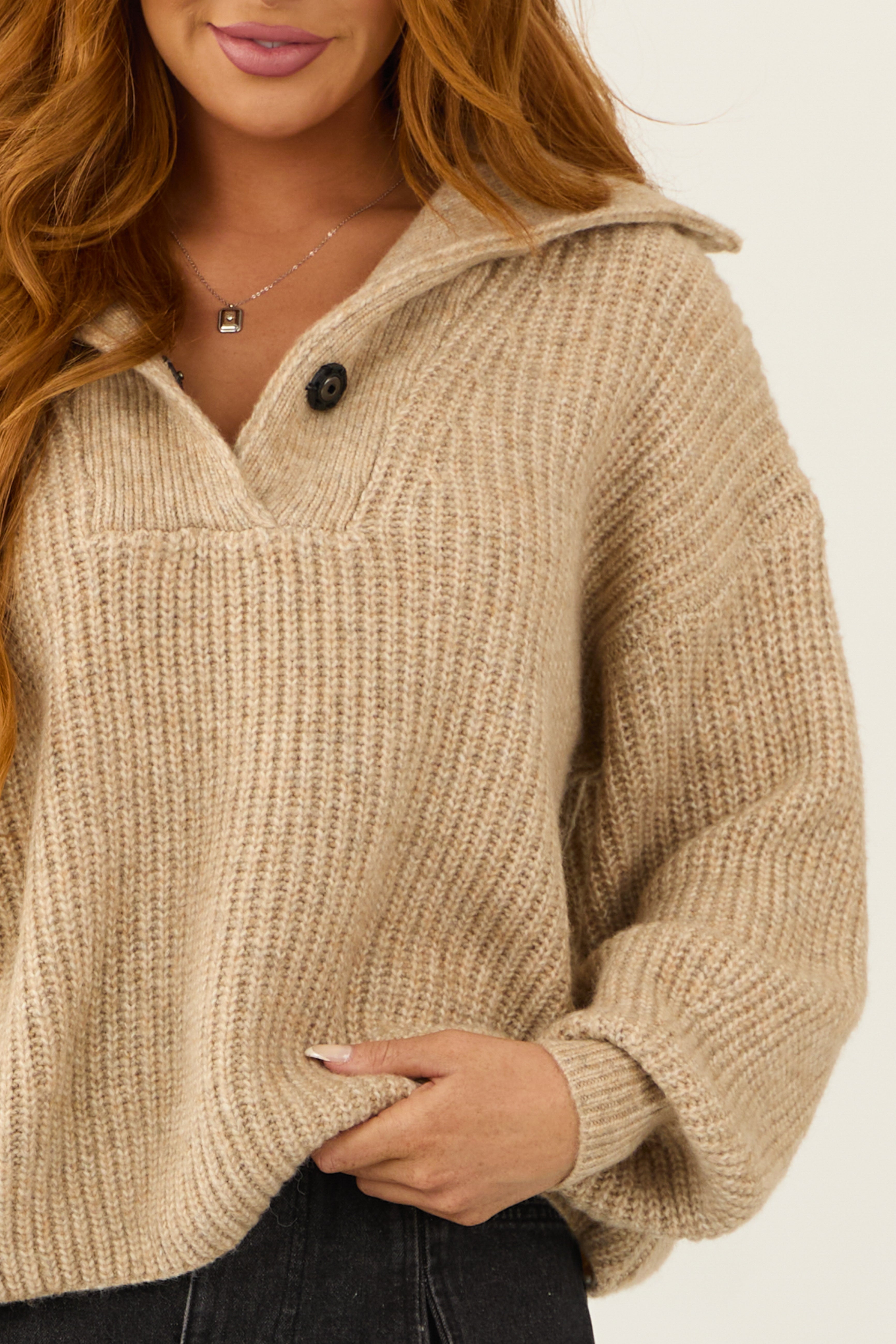 Beige Long Bubble Sleeve Ribbed Knit Sweater