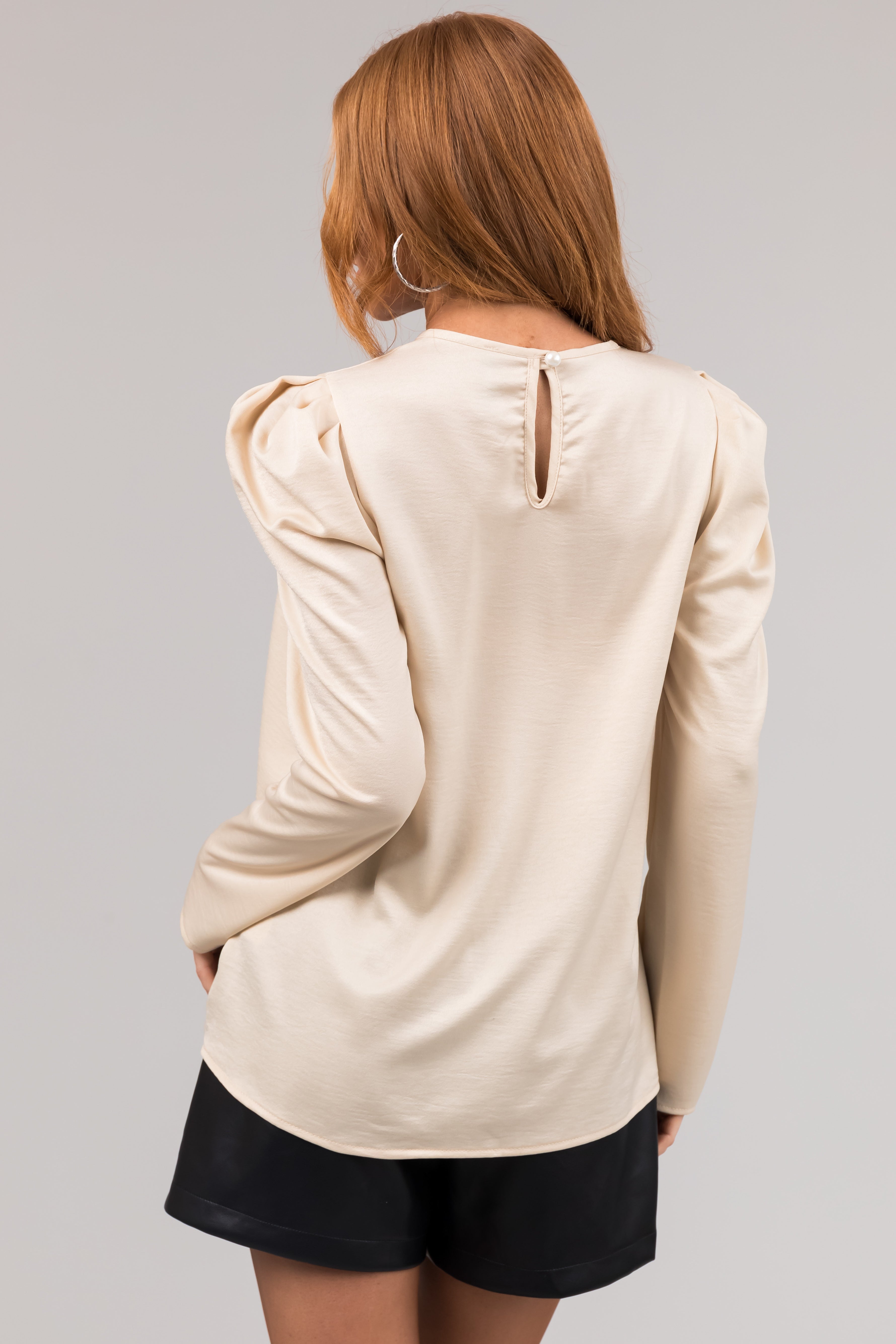 Beige Long Pleated Puff Sleeve Satin Blouse