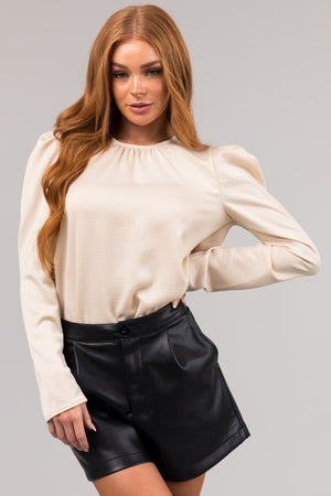 Beige Long Pleated Puff Sleeve Satin Blouse