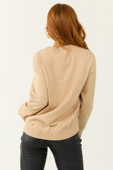 Beige Long Sleeve V Neck Chest Pocket Sweater