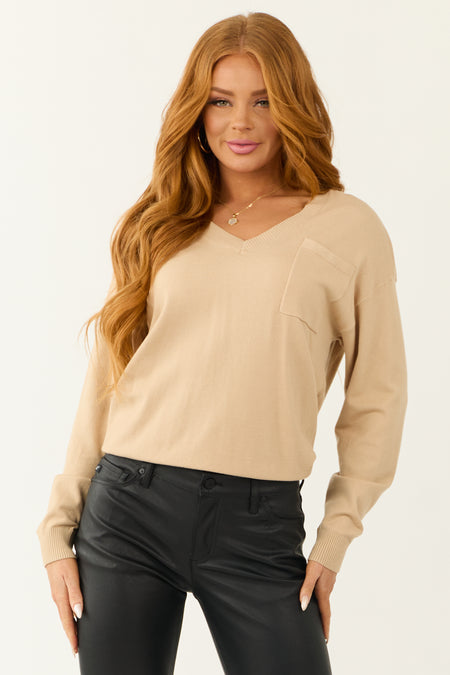 Beige Long Sleeve V Neck Chest Pocket Sweater