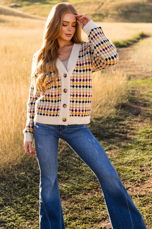 Beige Multicolor Botton Down Sweater Cardigan