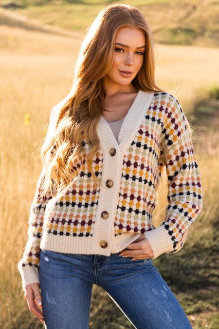 Beige Multicolor Botton Down Sweater Cardigan