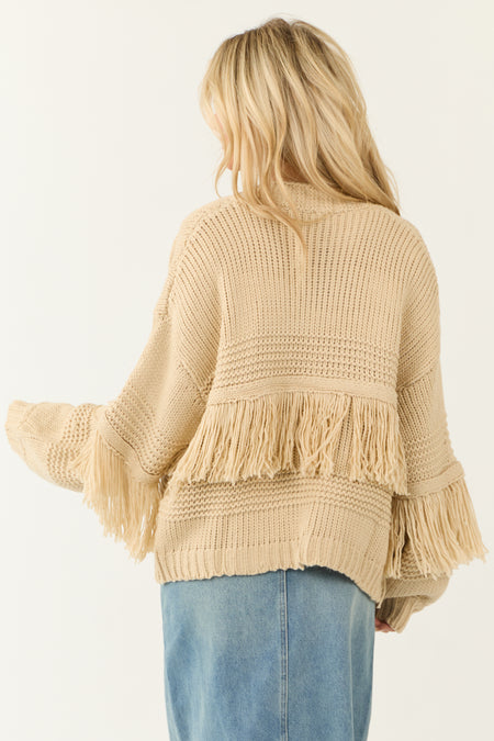 Beige Open Front Fringe Long Sleeve Cardigan