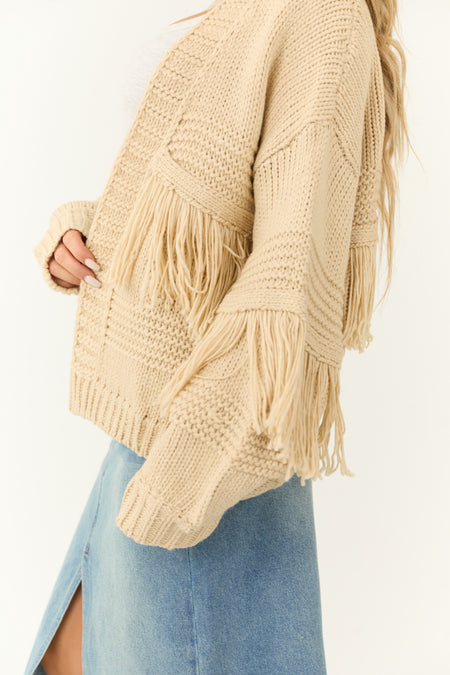 Beige Open Front Fringe Long Sleeve Cardigan