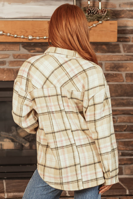 Beige Plaid Button Up Collared Shacket