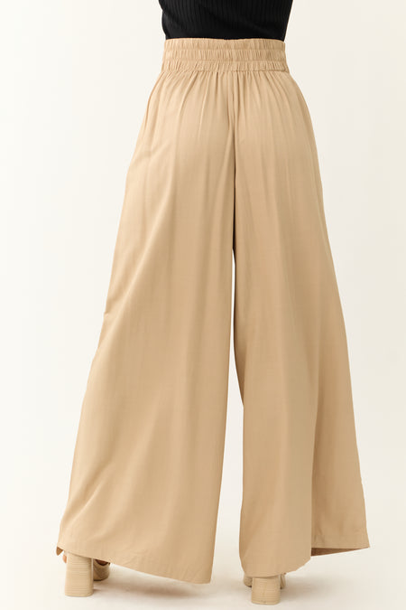 Beige Pleated Front Lace Up Wide Leg Palazzo Pants