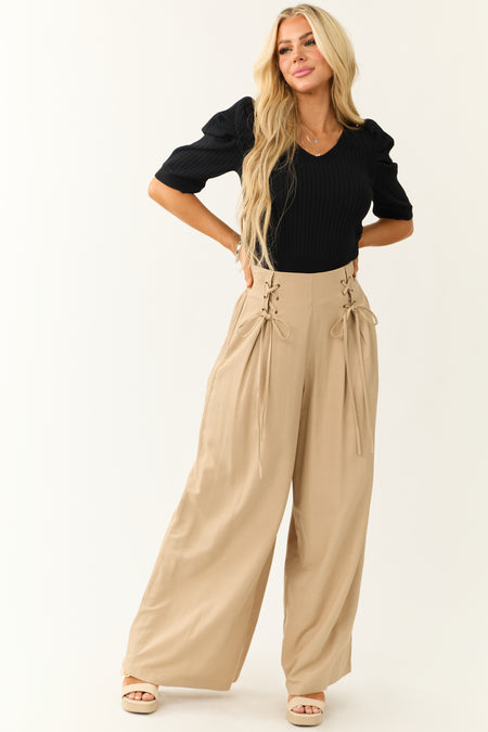 Beige Pleated Front Lace Up Wide Leg Palazzo Pants