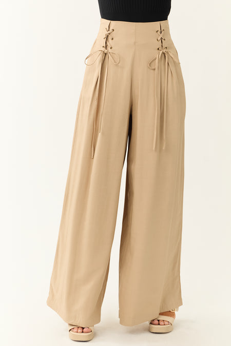 Beige Pleated Front Lace Up Wide Leg Palazzo Pants