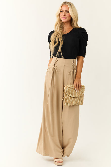 Beige Pleated Front Lace Up Wide Leg Palazzo Pants