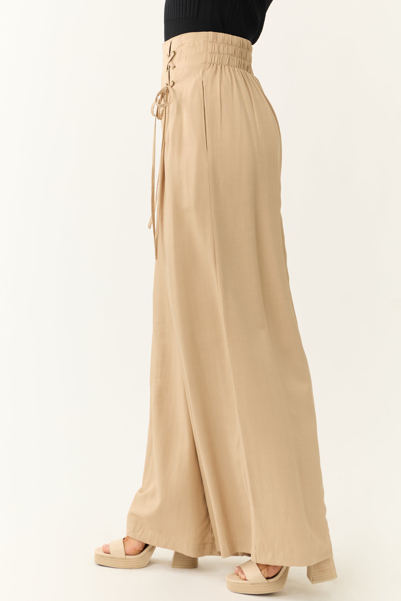 Beige Pleated Front Lace Up Wide Leg Palazzo Pants