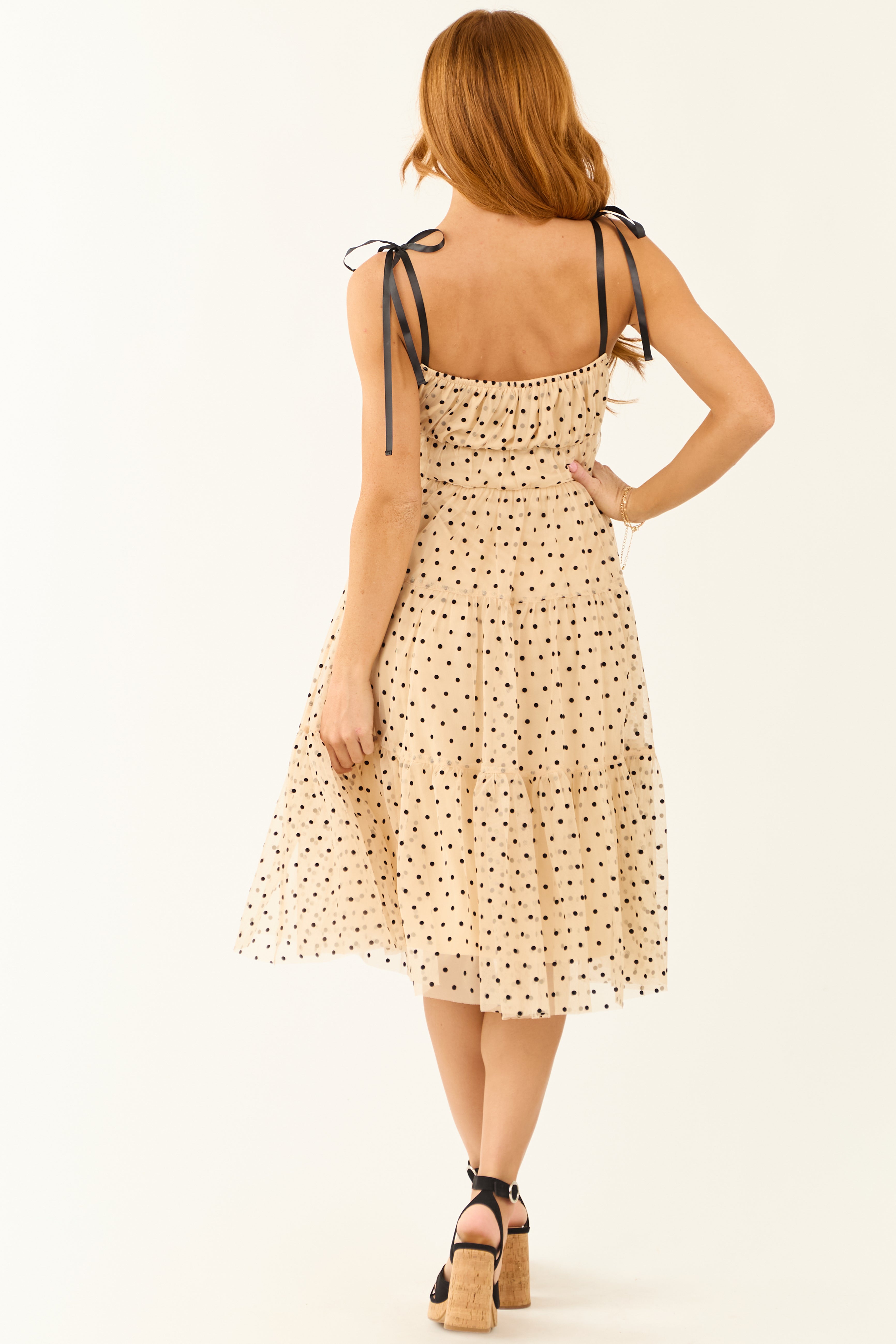 Beige Polka Dot Tulle Tiered Midi Dress