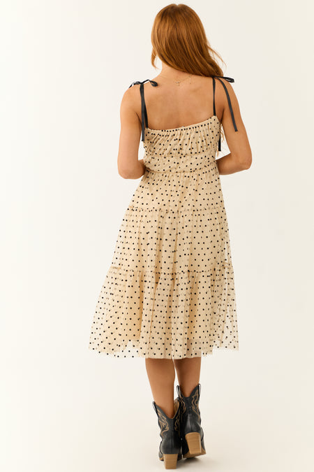 Beige Polka Dot Tulle Tiered Midi Dress