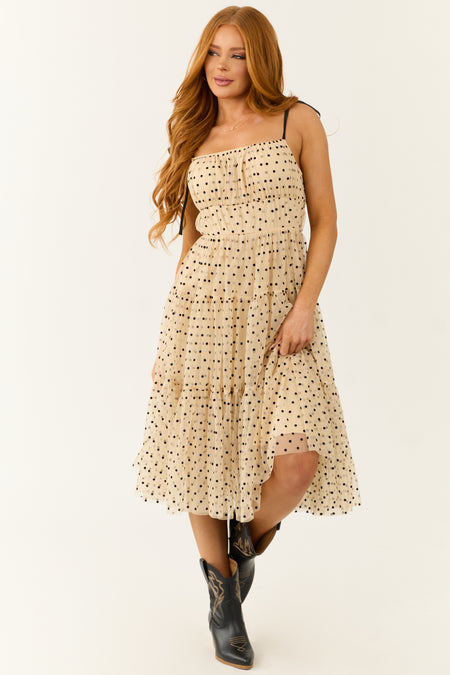 Beige Polka Dot Tulle Tiered Midi Dress