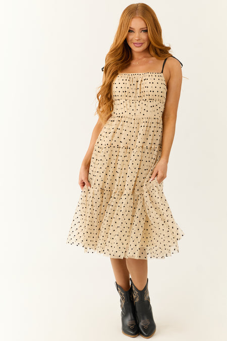 Beige Polka Dot Tulle Tiered Midi Dress