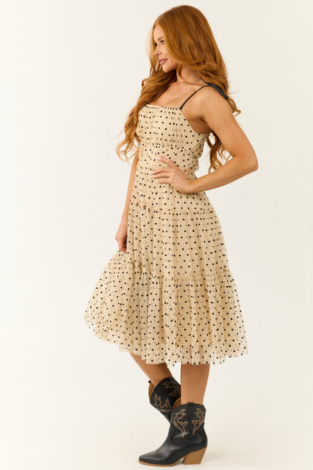 Beige Polka Dot Tulle Tiered Midi Dress