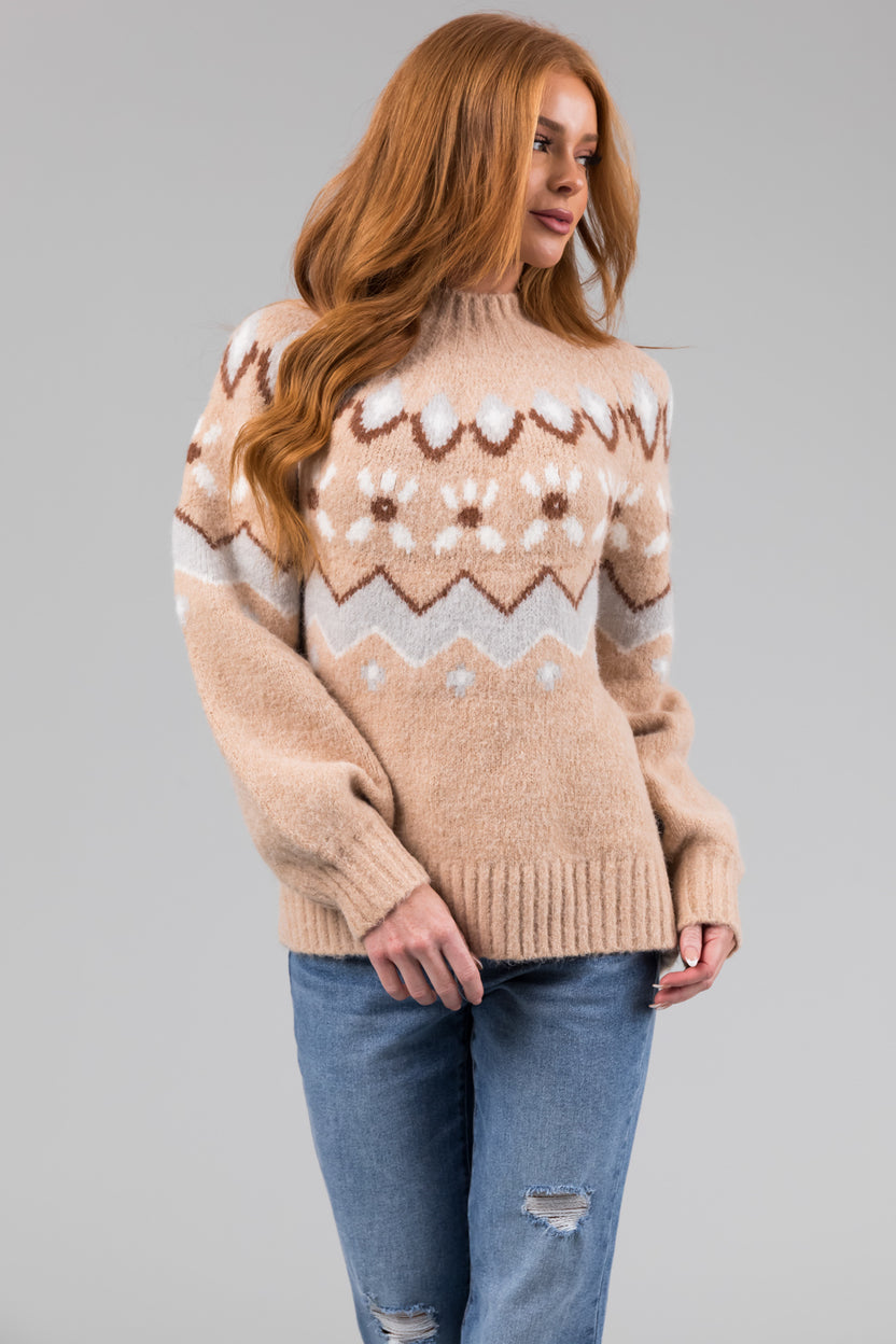 Beige Printed Mock Neck Fuzzy Sweater