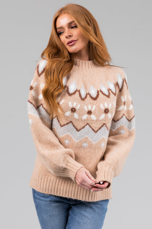 Beige Printed Mock Neck Fuzzy Sweater