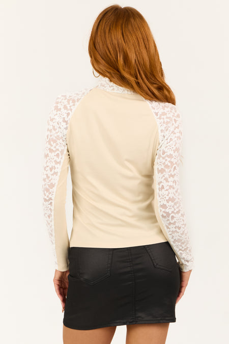 Beige Rib Knit Contrast Floral Lace Long Sleeve Top