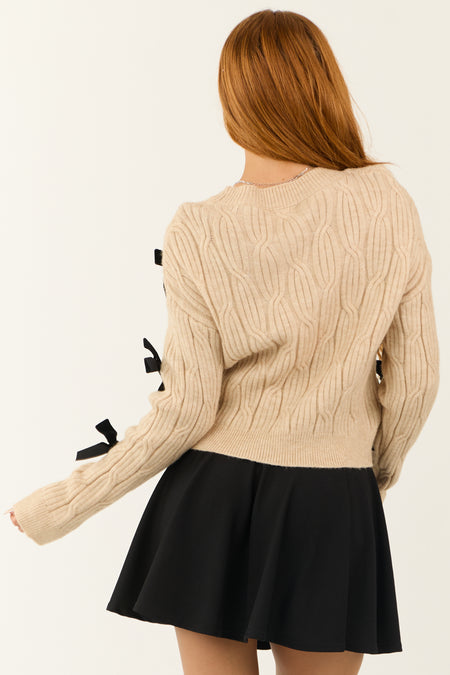 Beige Ribbon Bow Applique Knit Sweater