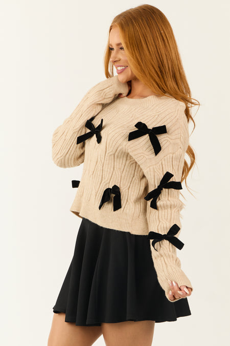 Beige Ribbon Bow Applique Knit Sweater