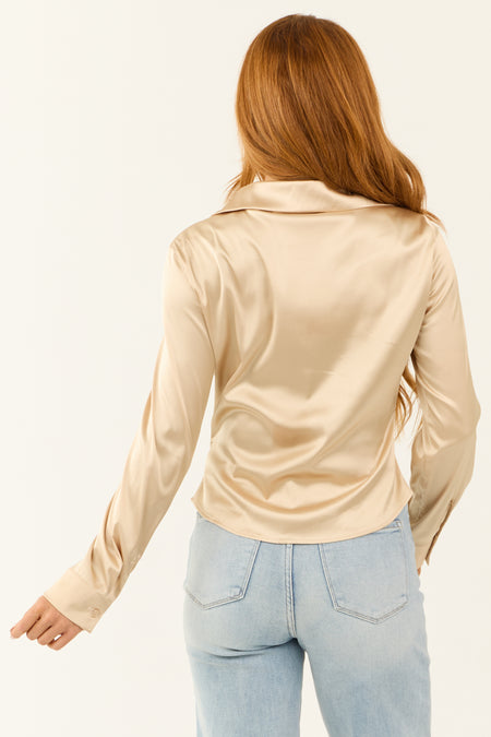 Beige Satin Long Sleeve Ruched Blouse