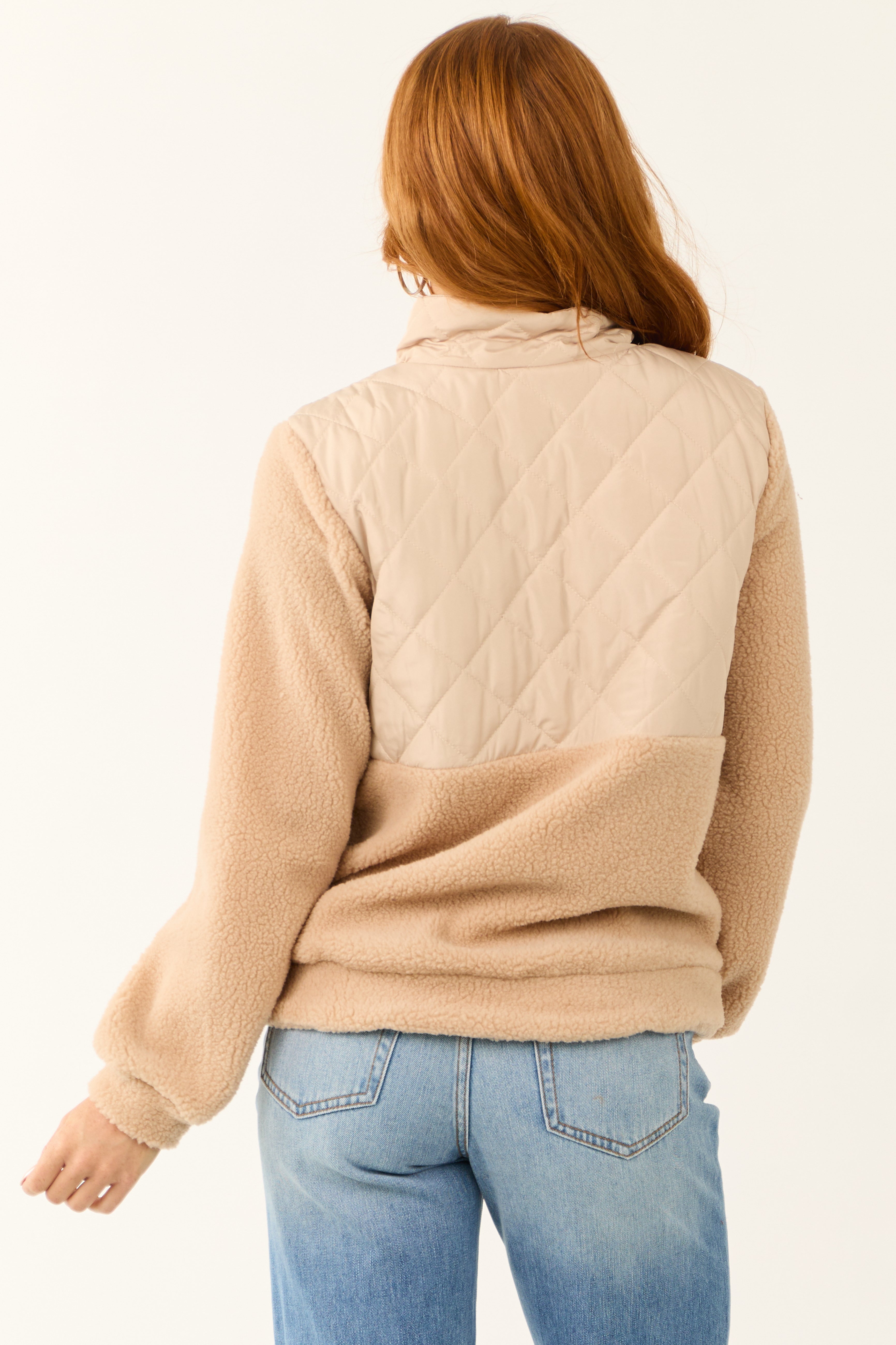 Beige Sherpa Quilted Zip Up Mock Neck Jacket